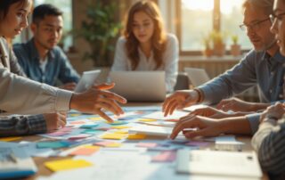 Diverse professionals collaborating on strategy during brainstorming session